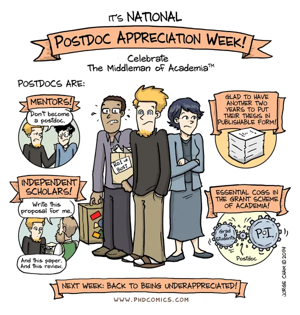 Charge sobre atividades de um postdoc produzido por Jorge Cham do PHD Comics
