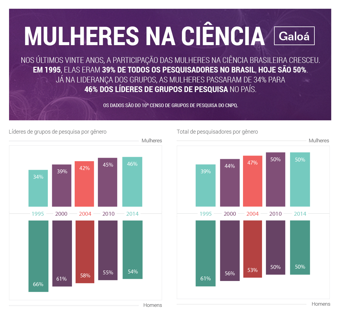 Nos últimos vinte anos, a participação das mulheres na ciência brasileira cresceu. Em 1995, elas eram 39% de todos os pesquisadores no Brasil, hoje são 50%. Já na liderança dos grupos, as mulheres passaram de 34% para 46% dos líderes de grupos de pesquisa no país.